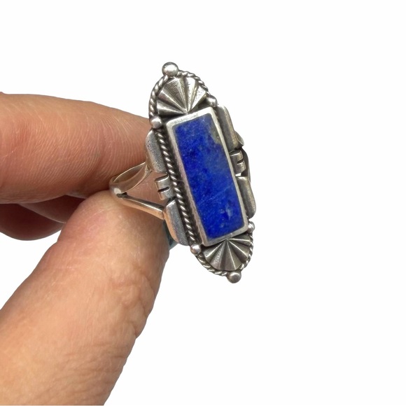 Lapis Lazuli Ring Size 9 Solid 925 Sterling Silver Art Deco Design Blue Stone - Picture 4 of 6